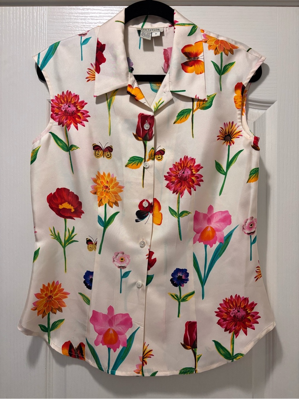 100% Silk Botanical Floral Blouse Garden Party Cottagecore Coquette Top Size M - Picture 5 of 8